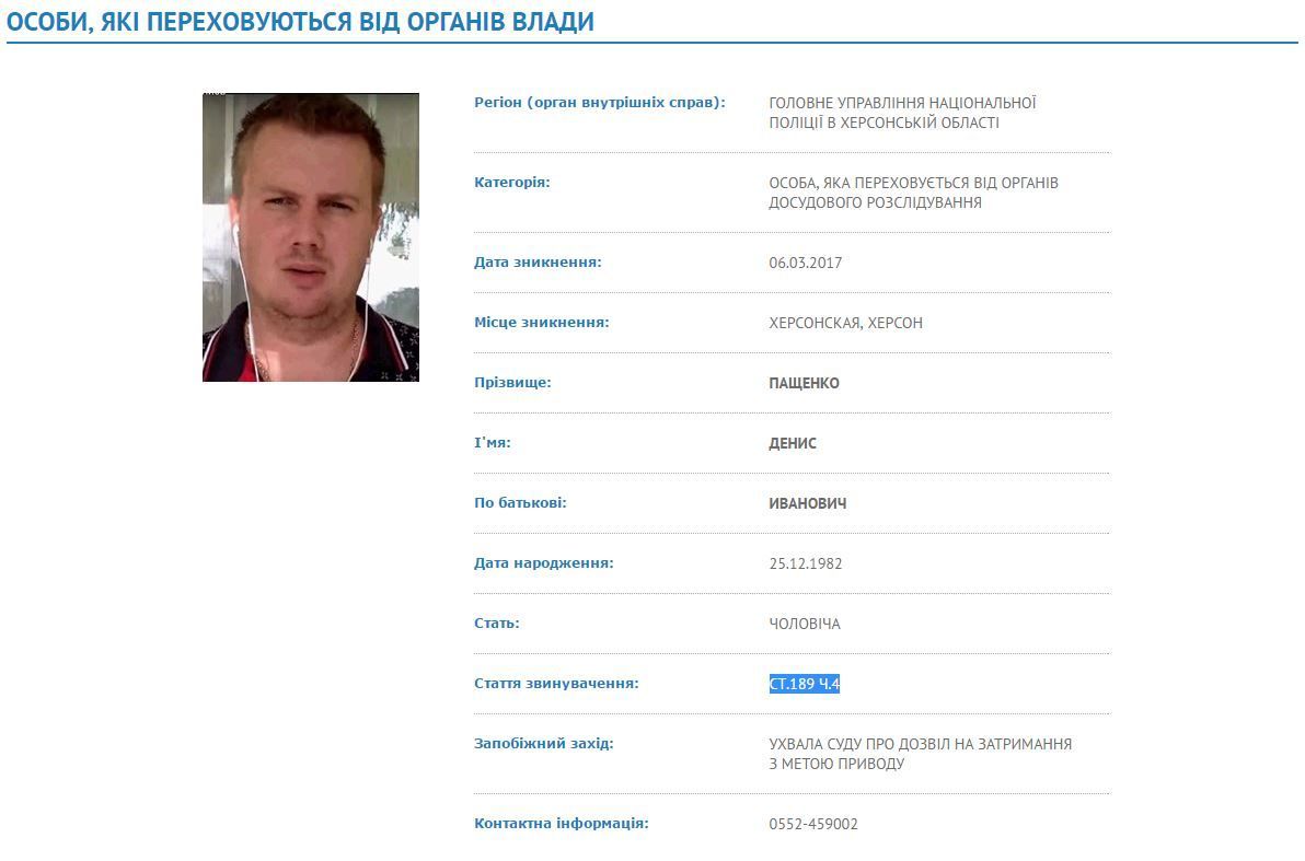 Денис Пащенко в базі розшуку МВС