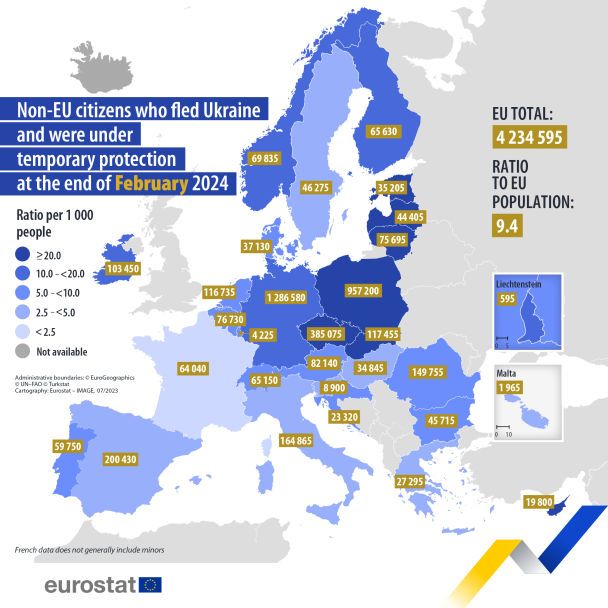 Карта размещения украинских беженцев в странах ЕС / © ec.europa.eu