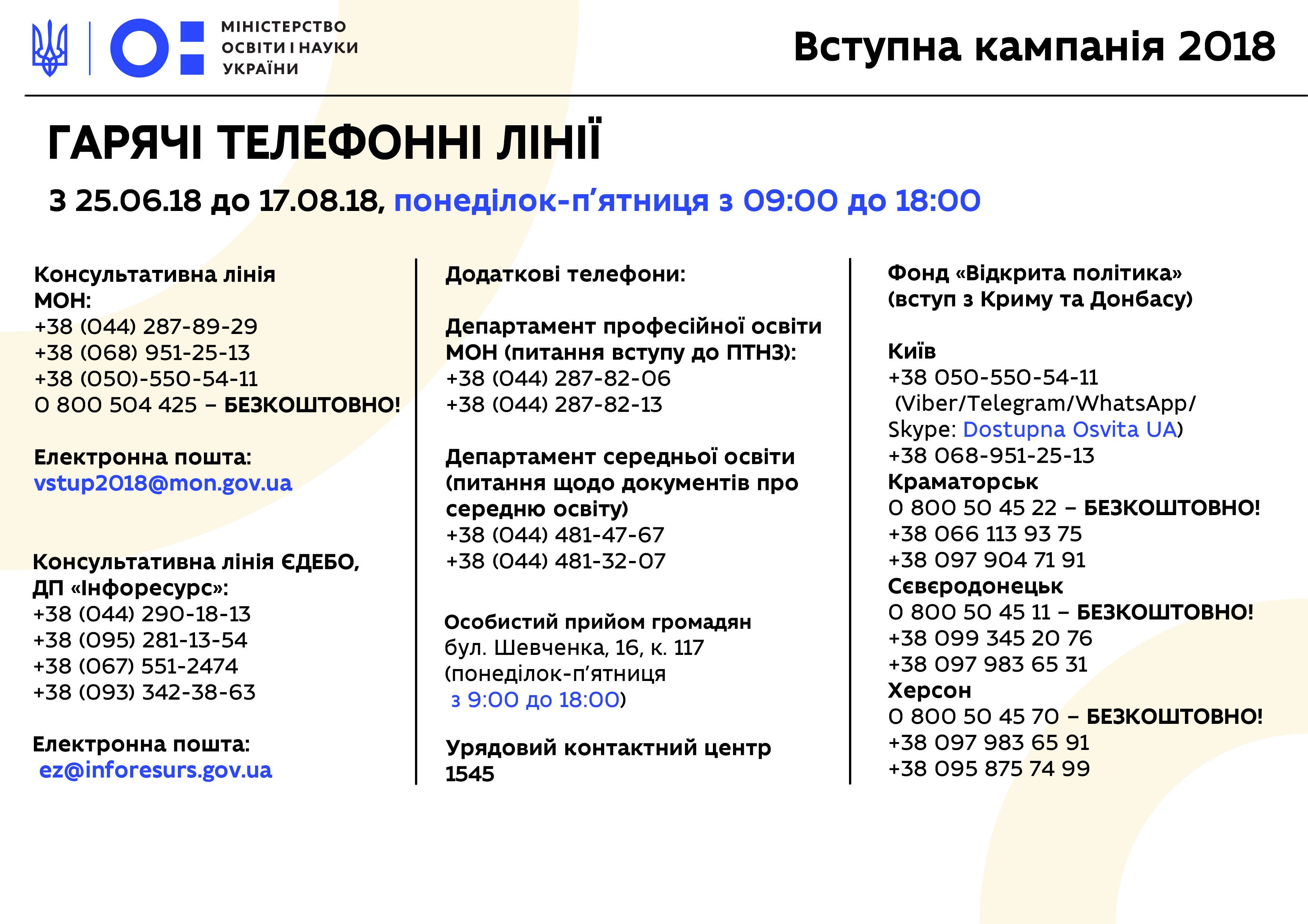 Номери гарячої лінії для вступників