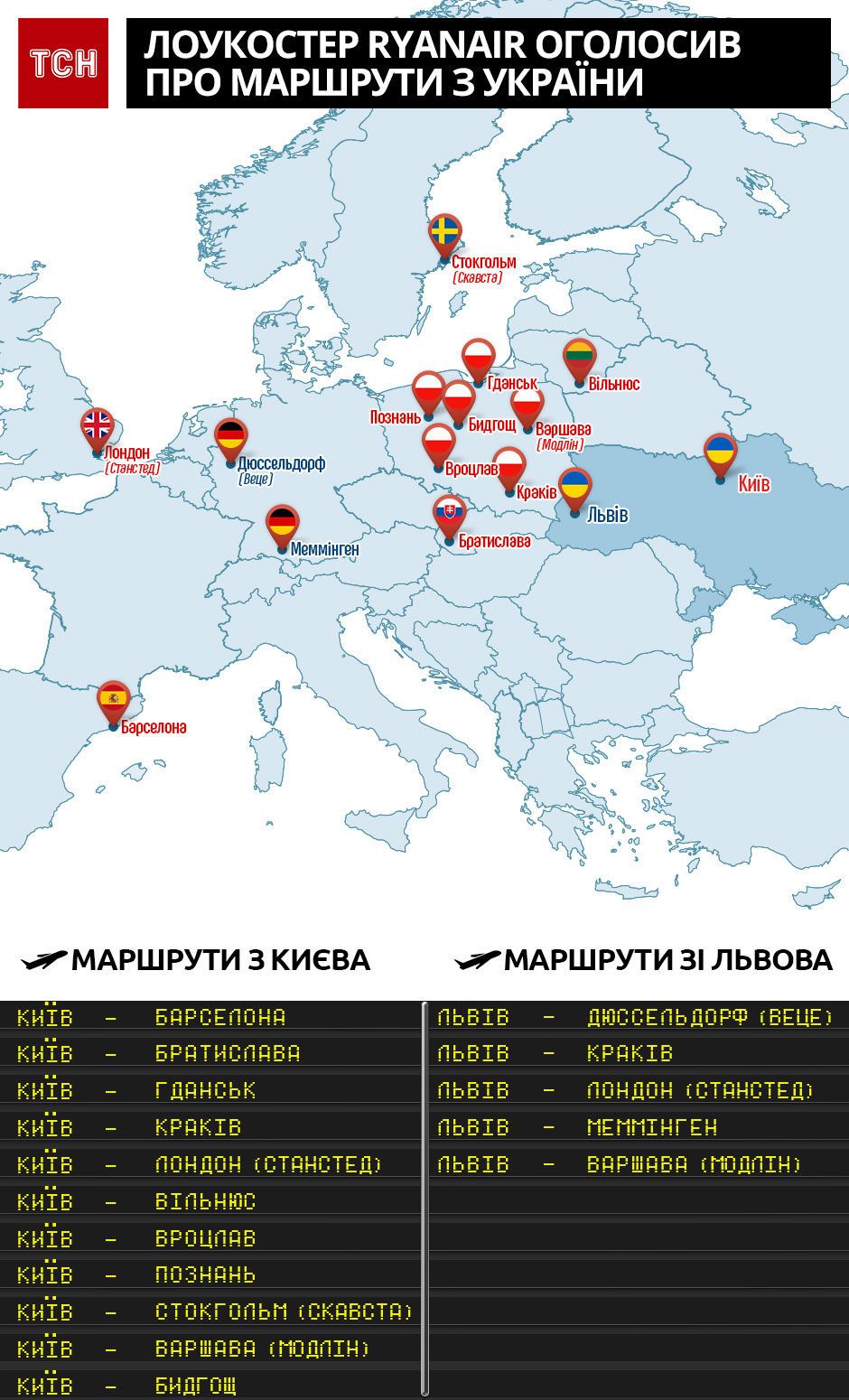 нові рейси лоукостера Ryanair з України, 26 червня, інфографіка