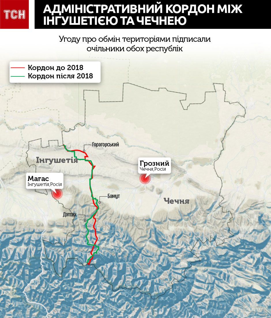 карта кордону між Інгушетією та Чечнею, інфографіка