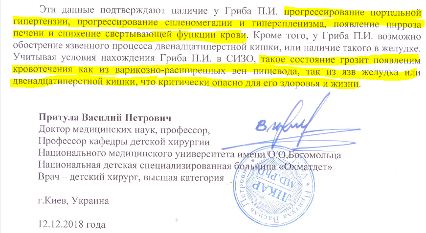 Висновок лікаря про здоров'я Павда Гриба