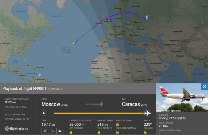 з РФ до Венесуели вилетів порожній Boeing 777