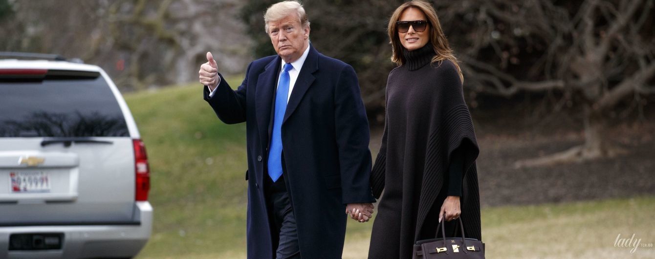 В пончо і з сумкою Hermes Birkin: Меланія Трамп з чоловіком вирушила в робочу поїздку