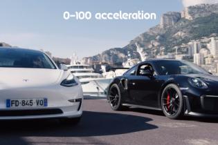 Заядлую драг гонку Tesla Model 3 и Porsche 911 сняли на видео