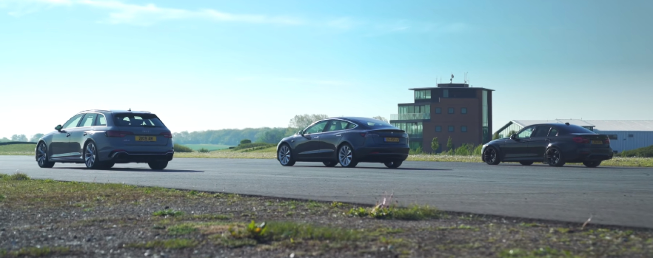 Заядлую драг-гонку Model 3 и заряженных Audi и BMW показали на видео