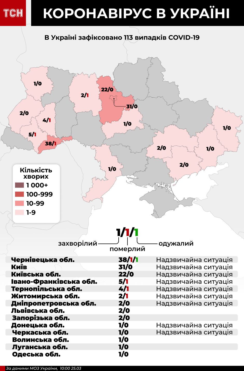 Коронавірус в Україні, мапа, 25 березня, інфографіка