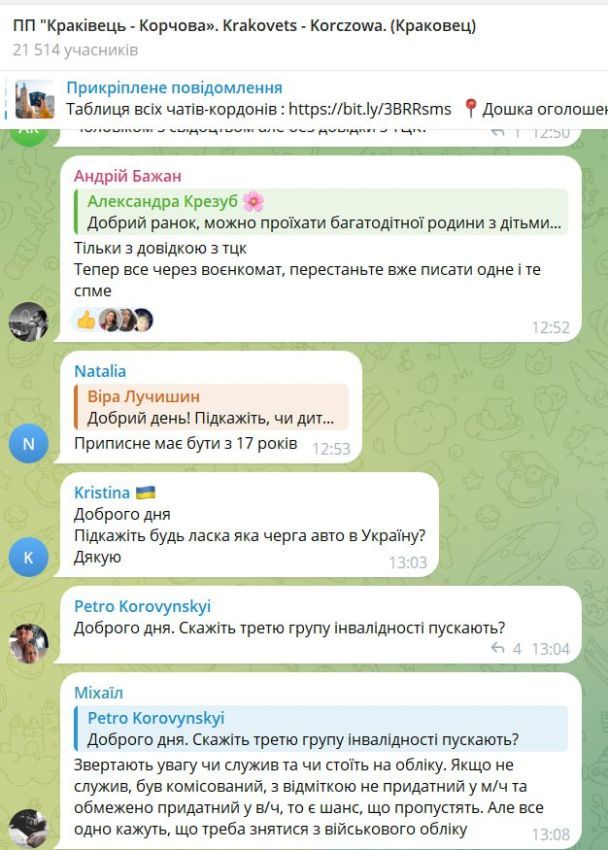 Коментарі у Telegram про ситуацію з виїздом чоловіків за кордон / © 