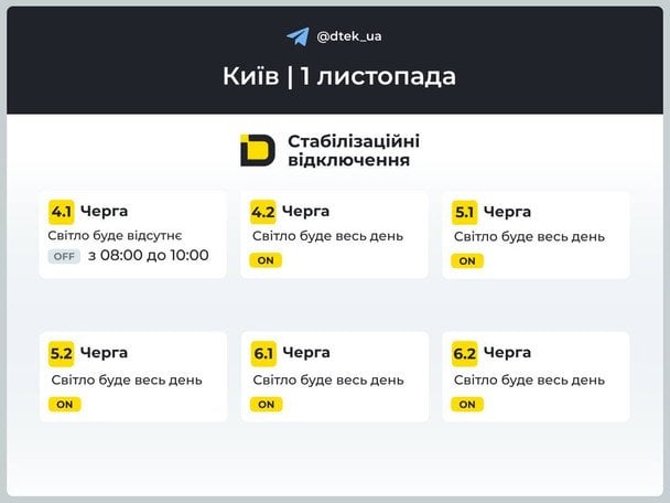 График отключения света на 1 ноября в Киеве. / © ДТЕК