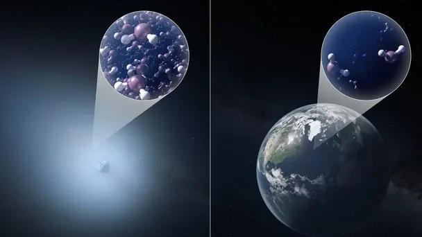 Зображення художника, що порівнює воду 3I/ATLAS з водою Землі.  / © NRAO / AUI / NSF