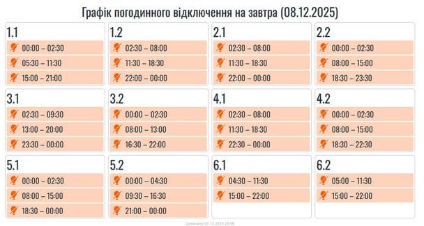 Графік відключення світла в Івано-Франківській області 8 грудня