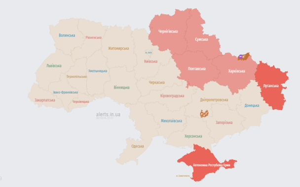 Карта тревог на 21:45 воскресенья, 6 октября.