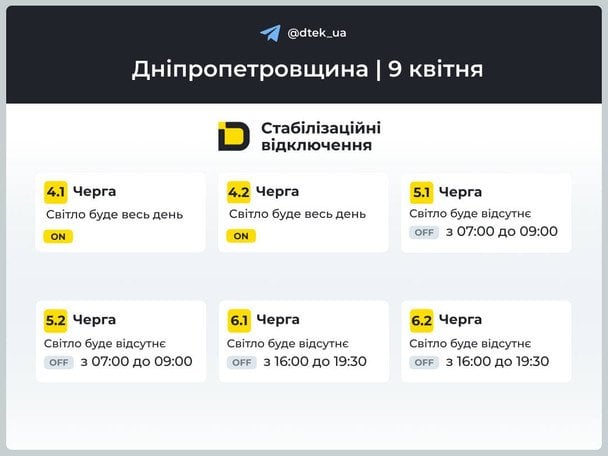 Графік відключення світла у Дніпропетровській області / © ДТЕК