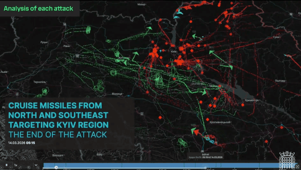Мапа російської атаки по Україні 14 березня на iPad, зображення з якого Володимир Зеленський показав під час виступу в британському парламенті / © скриншот з відео