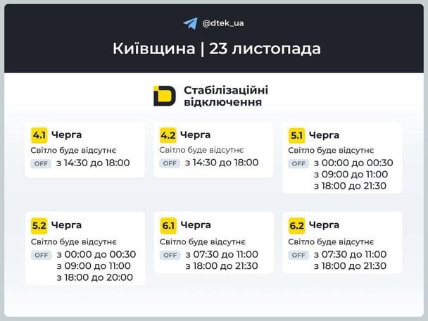 Графік відключення світла на Київщині 23 листопада / © ДТЕК