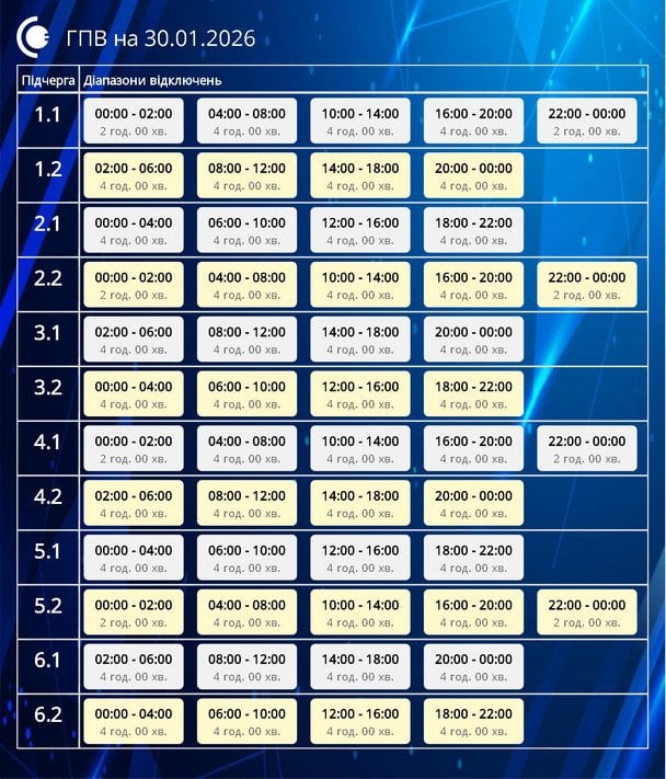 Графік відключення світла на Сумщині 30 січня