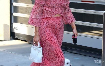 Без лифчика: Оливия Палермо в летнем наряде и стильных мюлях на прогулке с собакой