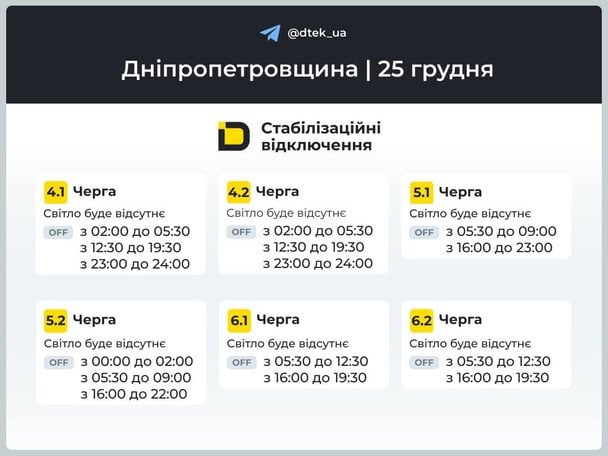 Графік відключення світла на Дніпропетровщині 25 грудня / © ДТЕК