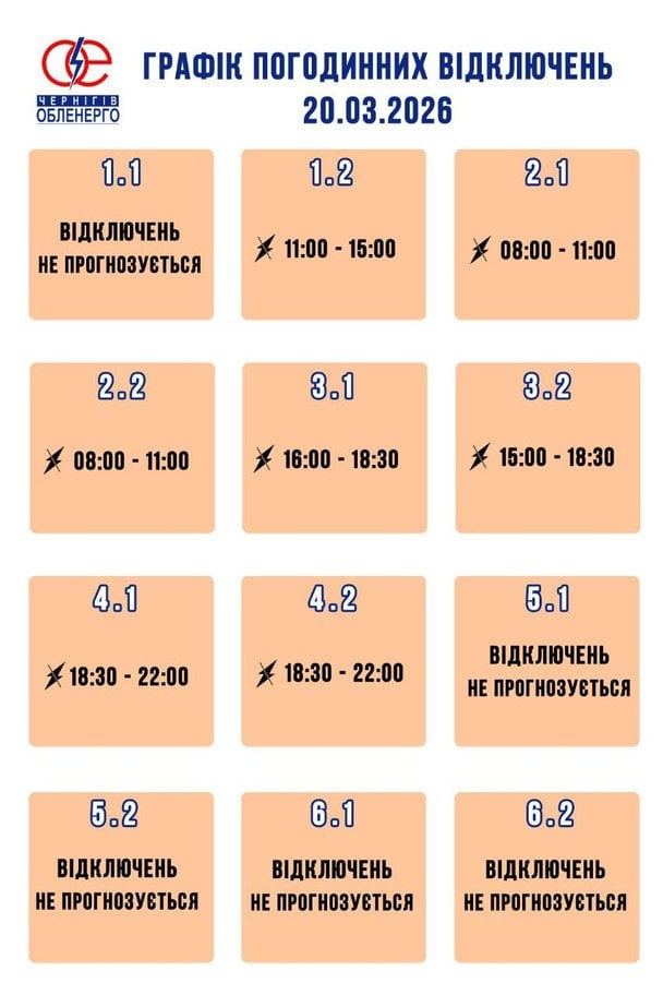 График отключения света на Черниговщине 20 марта