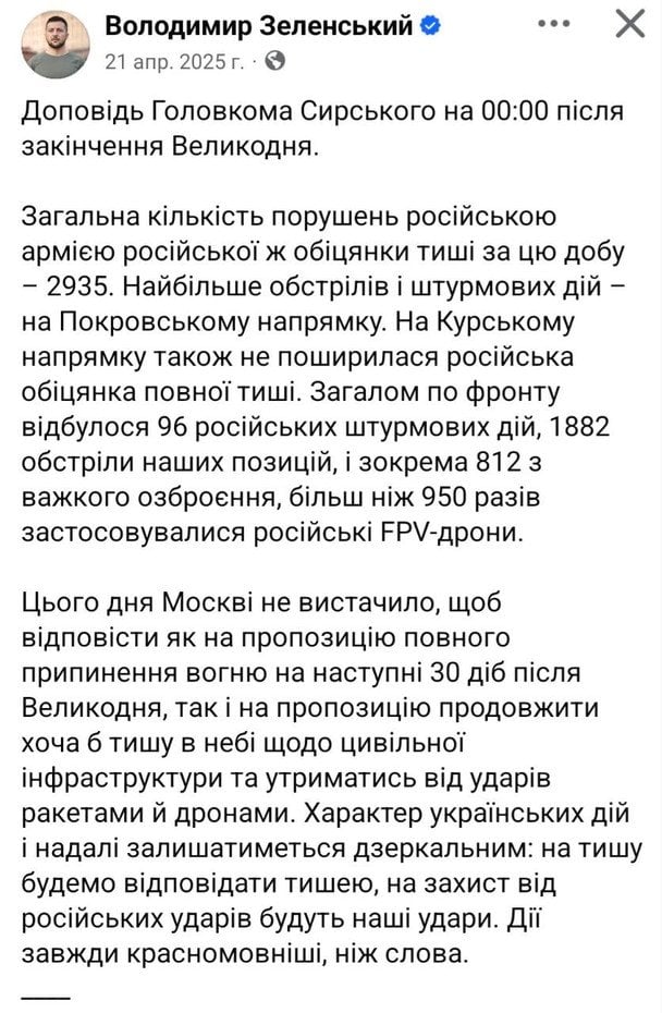 Допис президента України від 21 квітня 2025 року. Скріншот зі сторінки В.Зеленського у соцмережі. 