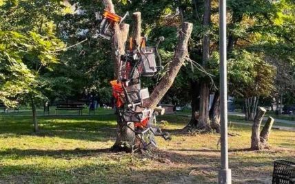 "Флешмоб дикарей": в Киеве дерево обвешивают тележками из супермаркета (фото)