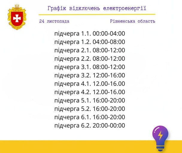 Графік відключення світла на Рівненщині 24 листопада / © ДТЕК  / © ДТЕК