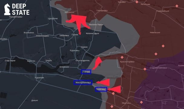Россияне пытаются прорваться в Курахово. Карта DeepState.