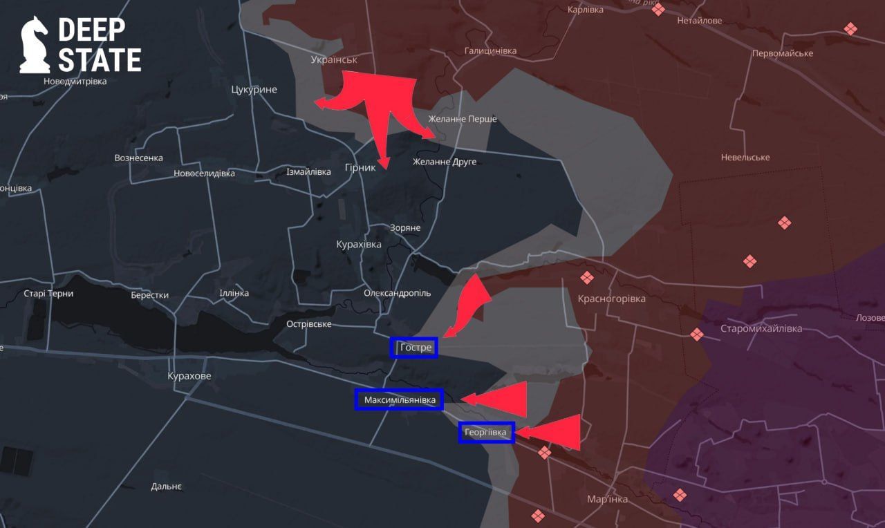 Росіяни намагаються прорватися до міста Курахове. Мапа DeepState. / © 