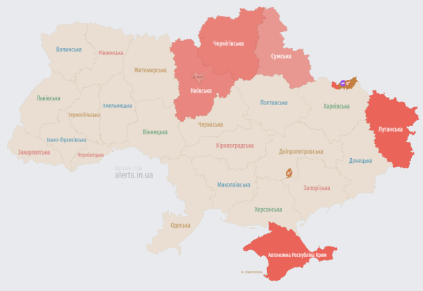 Мапа тривог станом на вечір понеділка, 23 грудня / © alerts.in.ua