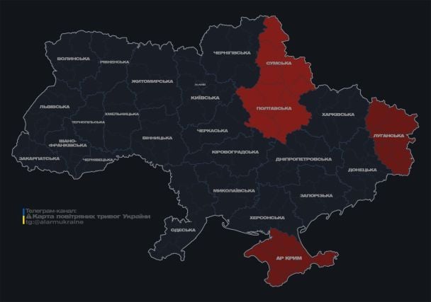Карта тревог по состоянию на 11:25 среда, 23 августа.
