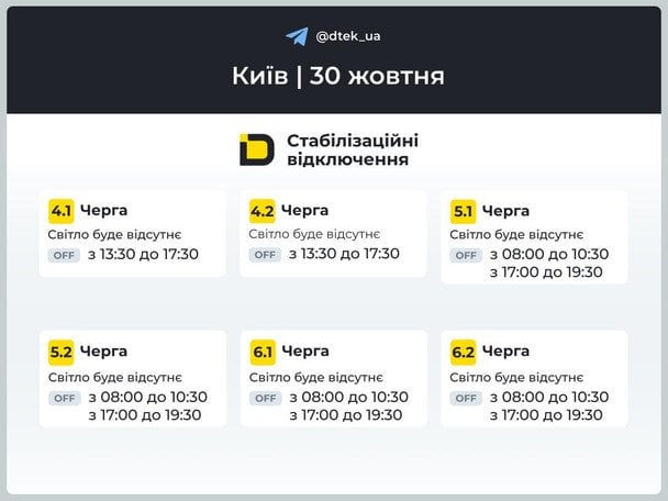 Отключение света Киев 30 октября / © ДТЕК