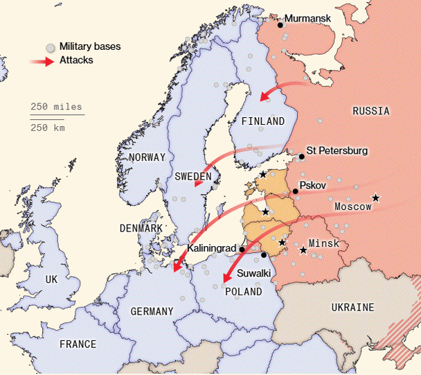В ответ РФ может атаковать военные объекты на территории Европы. / © Bloomberg
