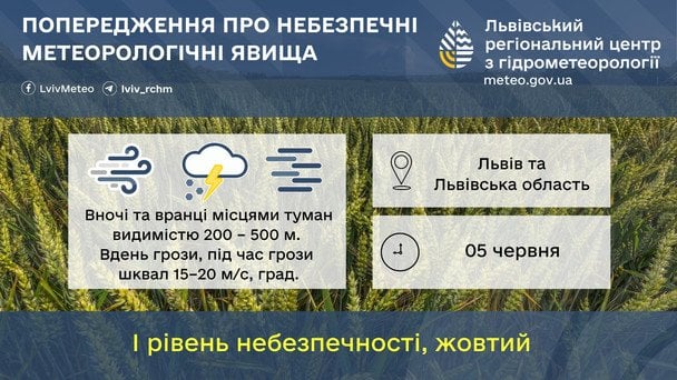 Синоптики предупреждают об опасных метеорологических явлениях на Львовщине 5 июня / © Укргидрометцентр