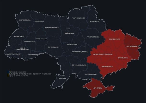 Мапа тривог станом на 07:44 - 16 серпня.