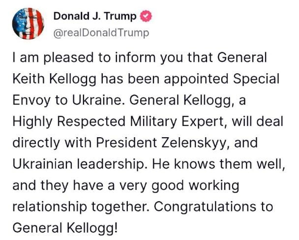 Допис Дональда Трампа у соцмережі TruthSocial про призначення Кіта Келлога
