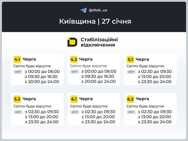 Графік відключення світла в Київській області / © ДТЕК