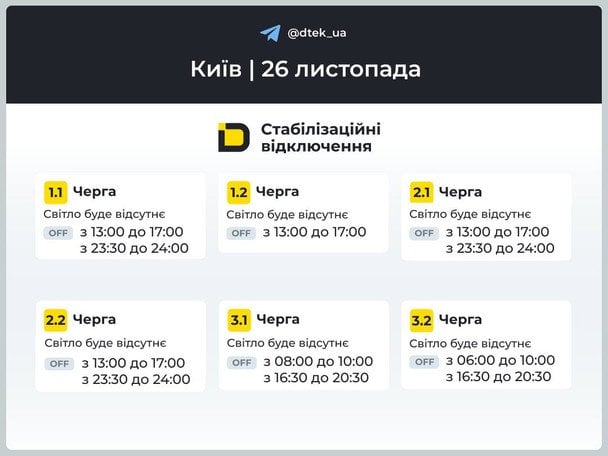 Киев: обновленные графики отключений на 26 ноября / © ДТЕК