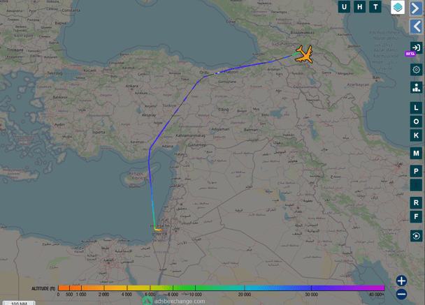 Маршрут польоту «Руслана» з Тель-Авів до Тбілісі 28 листопада. Джерело: ADS-B Exchange
