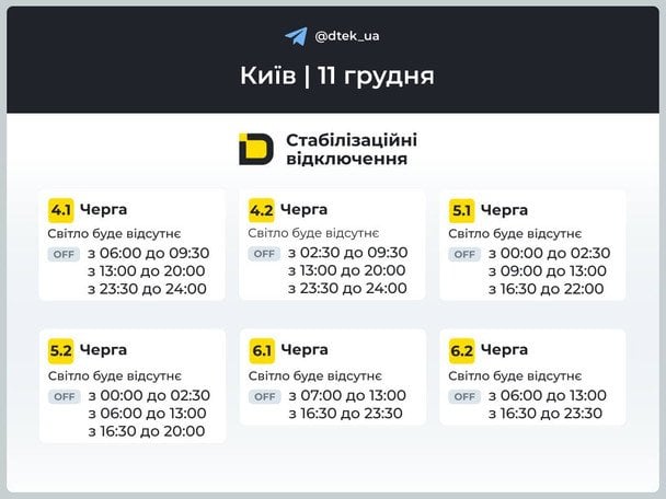 Графік відключення світла у столиці 11 грудня / © ДТЕК