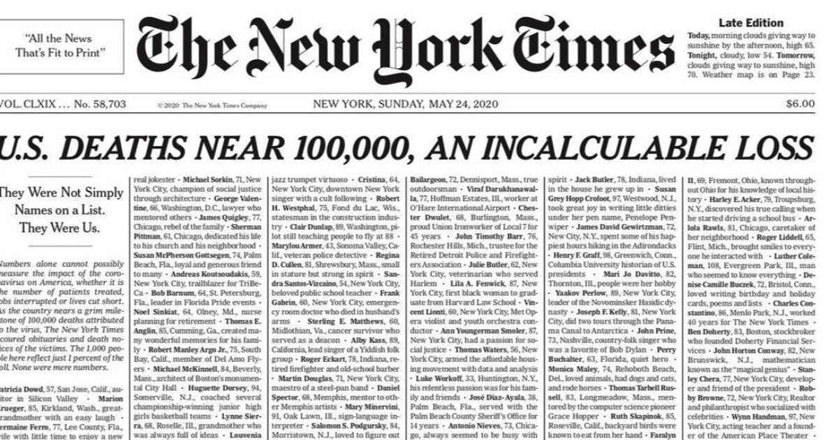 Газета New York Times опублікувала на першій шпальті імена жертв коронавірусу