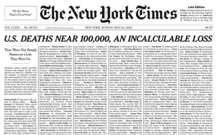Газета New York Times опубликовала на первой полосе имена жертв коронавируса