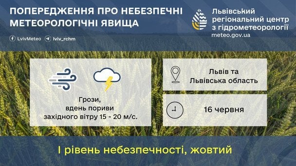 Синоптики попереджають про небезпечні гідрометеорологічні явища на Львівщині 16 червня / © Укргідрометцентр