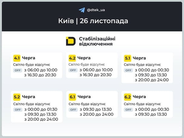 Киев: обновленные графики отключений на 26 ноября / © ДТЕК