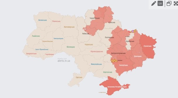 Карта повітряної тривоги станом на вечір 4 травня. / © Скріншот