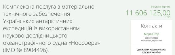 Тендер Національного антарктичного наукового центру у системі Prozzoro / Скриншот