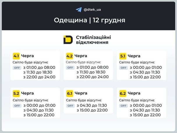 Графік відключення світла на Одещині 12 грудня / © ДТЕК
