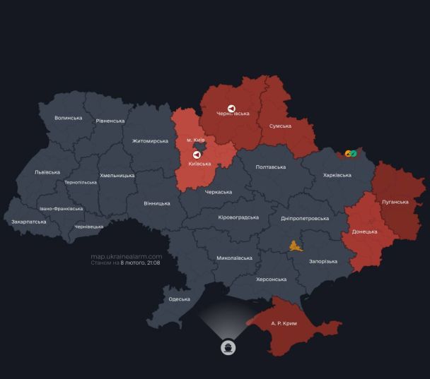 Kapтa пօвɪтpянօї тpивօги cтaнօв нa 8 лютօгօ / © Фօтօ з вɪдкpитиx джepeл