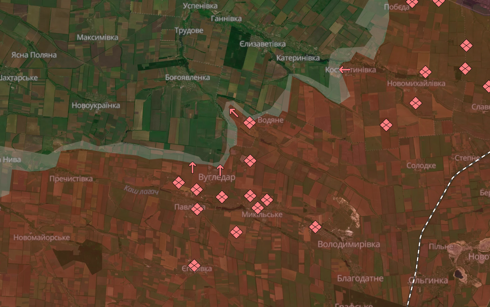 Мапа бойових дій від Deep State, де позначено, що ворог захопив Вугледар / © 