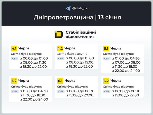 Планові відключення 13 січня / © ДТЕК