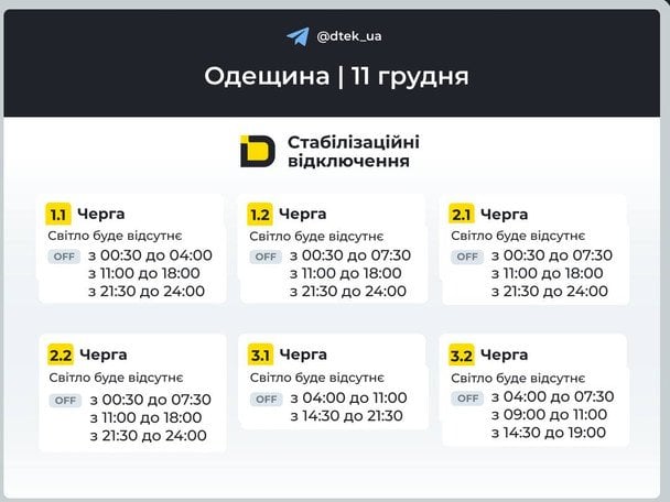 Графік відключення світла на Одещині 11 грудня / © ДТЕК